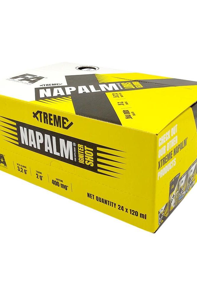 FA Fitness Authority Napalm Shot energy drink packaging in vibrant yellow, promoting energy and focus.