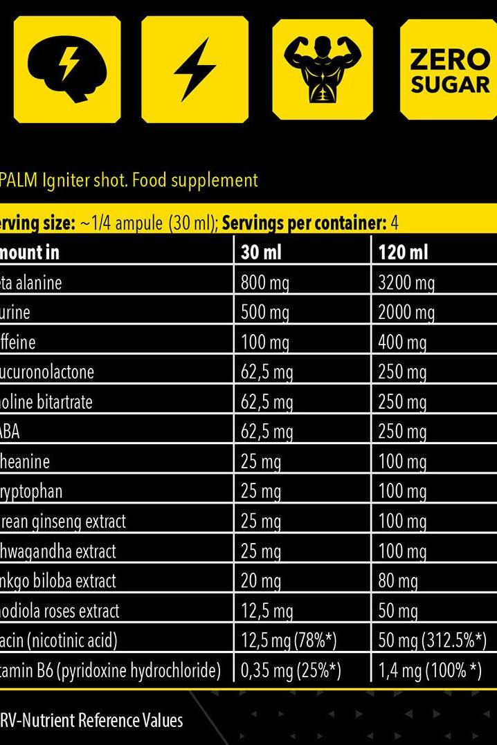 Nutrition facts for FA - Fitness Authority Napalm Shot energy supplement, listing ingredients and serving sizes.