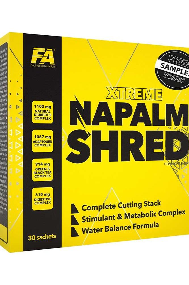 FA NAPALM Shred product box showcasing 30 sachets, highlighting weight loss and metabolic benefits.