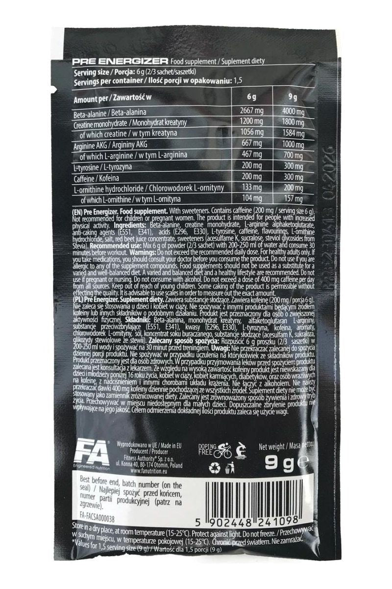 FA Fitness Authority Pre Energizer Sample packaging with nutritional information and ingredients listed.