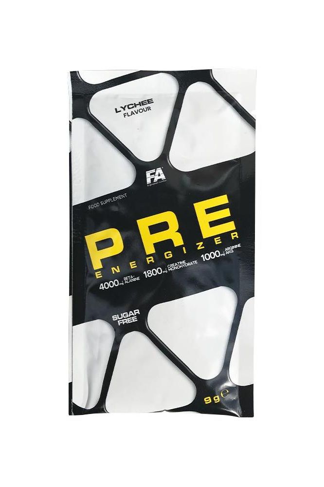 FA Fitness Authority Pre Energizer Sample pack in Lychee flavor for enhanced energy and focus before workouts.