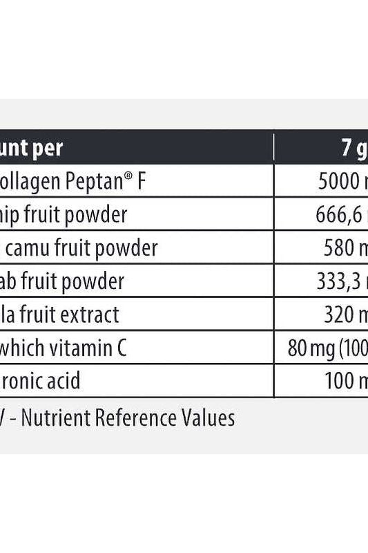 Nutritional information table for FA Beauty Marine Collagen, showing ingredients and amounts per serving.