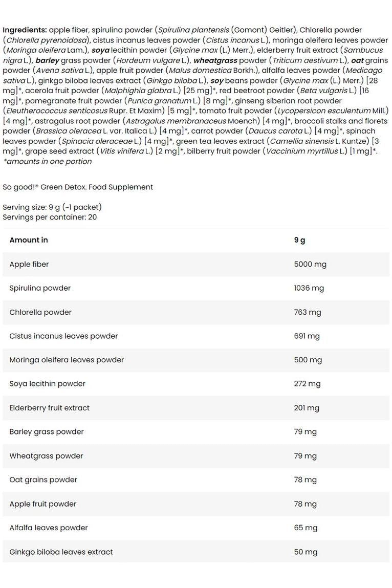 Ingredients list for FA Fitness Authority Green Detox, showcasing natural extracts for detoxification.