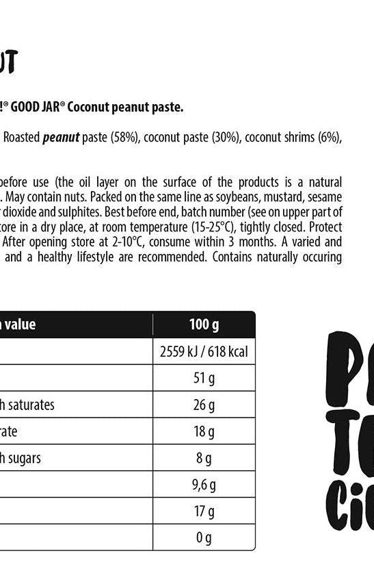 Nutritional information of GOOD JAR Coconut peanut paste including ingredients and serving details.