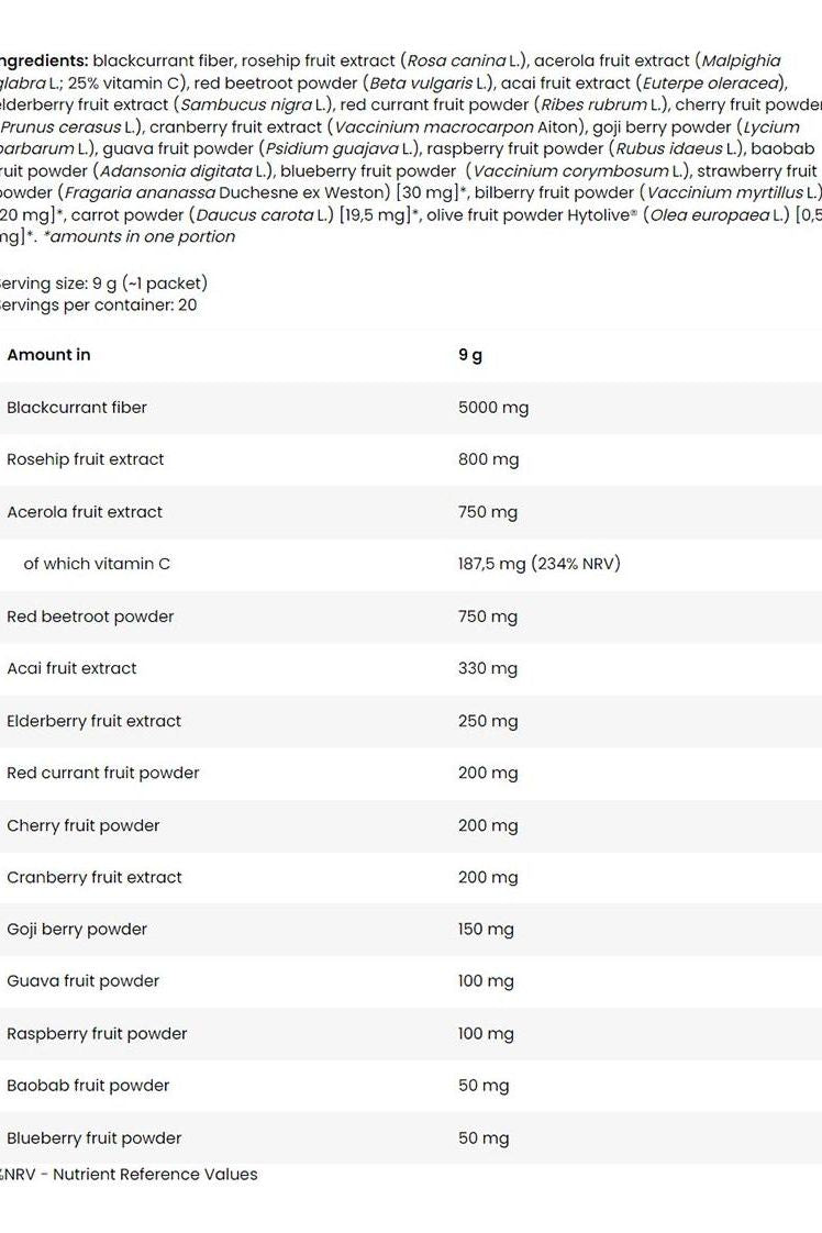 Nutritional information for FA Fitness Authority Red Antioxidants, listing fruit and vegetable extracts and nutrient values.