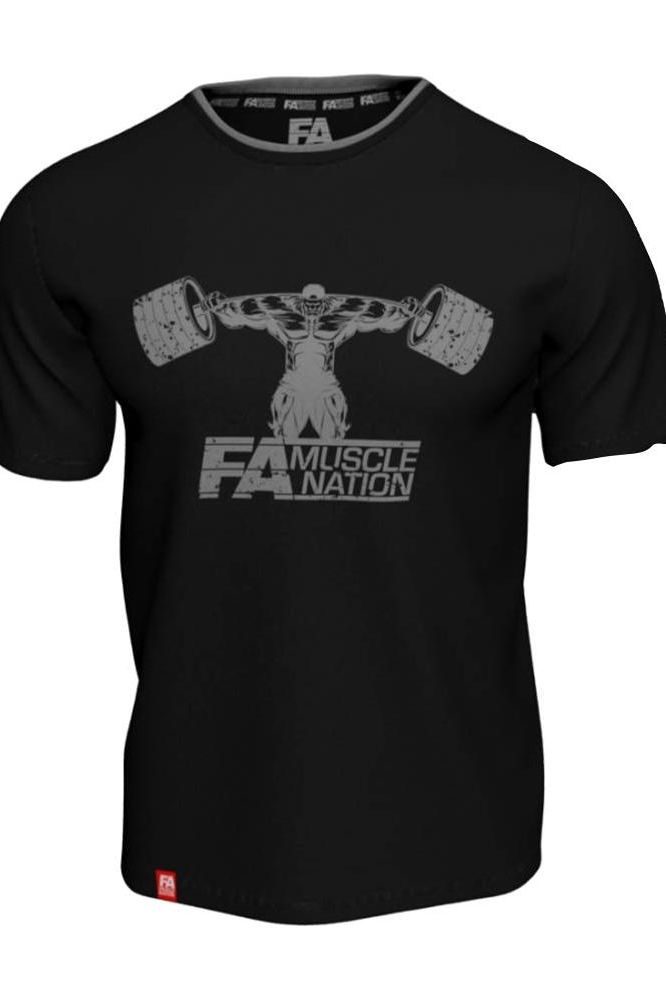 Fitness Authority T-Shirt Double Neck in black, featuring 'FA Muscle Nation' graphic design for workout comfort.