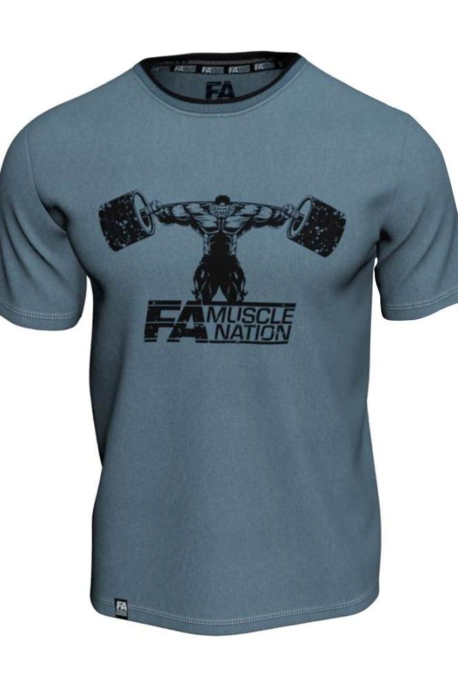 FA Fitness Authority T-Shirt Double Neck in blue, featuring a strong graphic print of a muscular figure lifting weights.