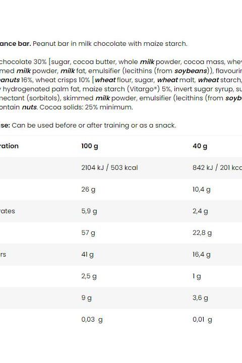 Nutrition table for FA Vitarade Endurance Bar showing calories, ingredients, and usage information.
