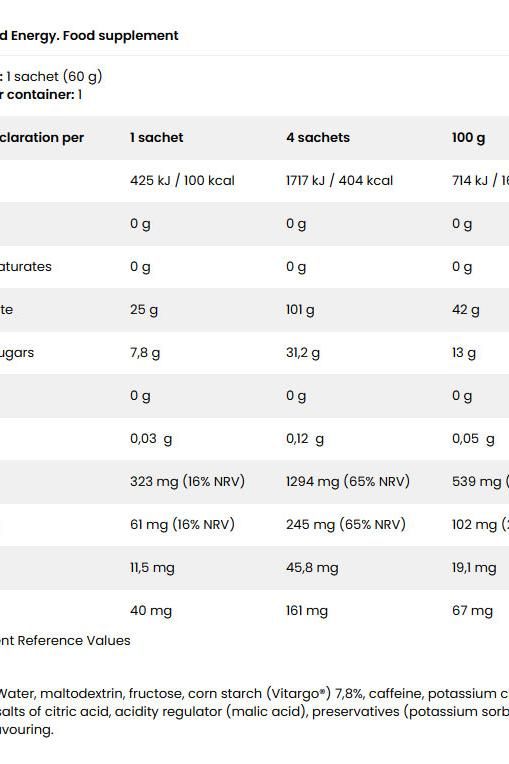 Nutrition facts table for FA - Fitness Authority Vitarade VitargoI Liquid Energy, including calories and nutrients.
