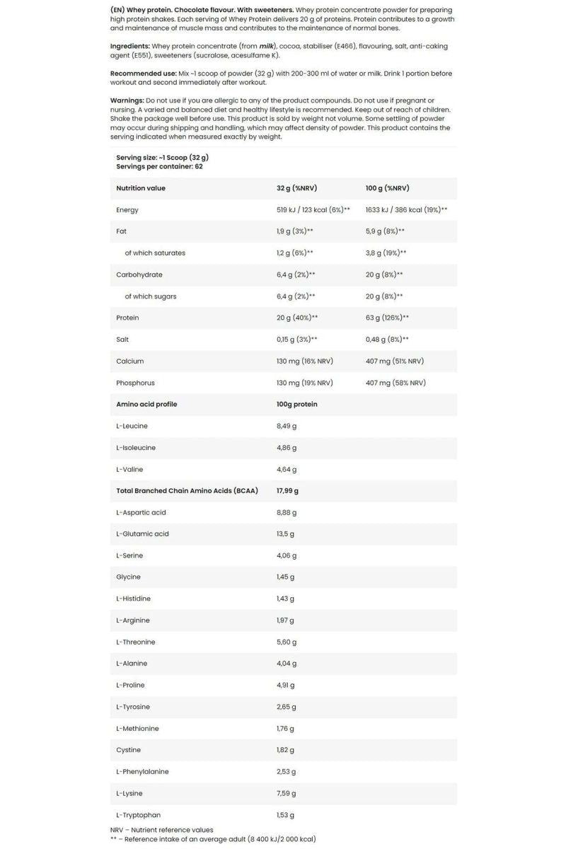 Nutritional information for FA - Fitness Authority Whey Protein, showcasing protein, amino acids, and minerals.