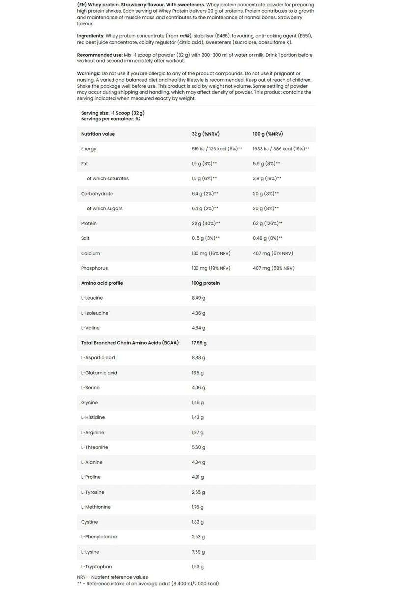 Nutritional information for FA - Fitness Authority Whey Protein showing protein content and amino acids per serving.