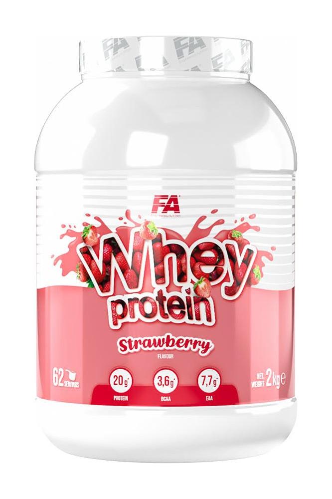 FA Fitness Authority Whey Protein Strawberry flavor 2kg tub with 20g protein per serving.