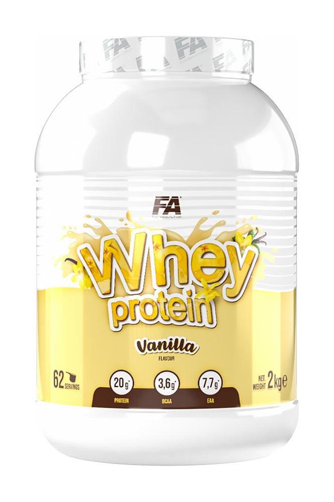 FA Fitness Authority Whey Protein vanilla flavor in a 2kg container, rich in protein for muscle growth and recovery.