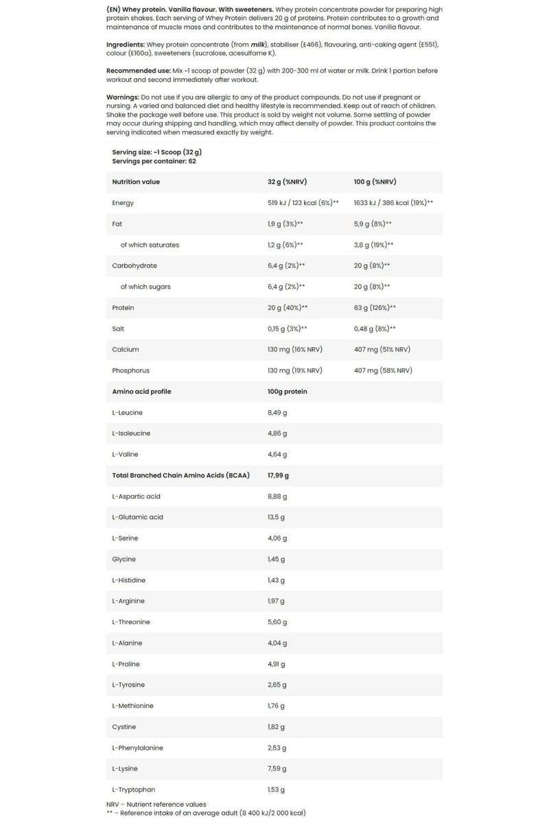 Nutritional information table for FA - Fitness Authority Whey Protein, detailing ingredients and their benefits.