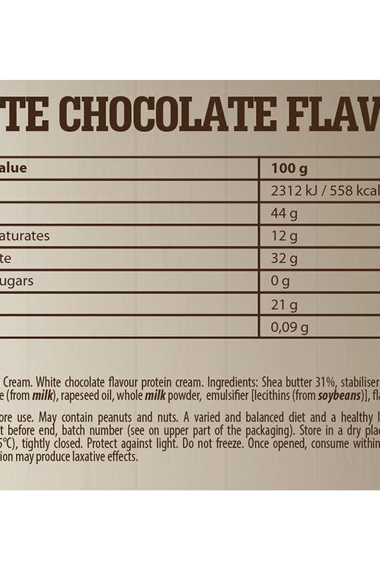 Nutritional information for FA Fitness Authority WOW Protein Cream in white chocolate flavor, highlighting calories and protein content.