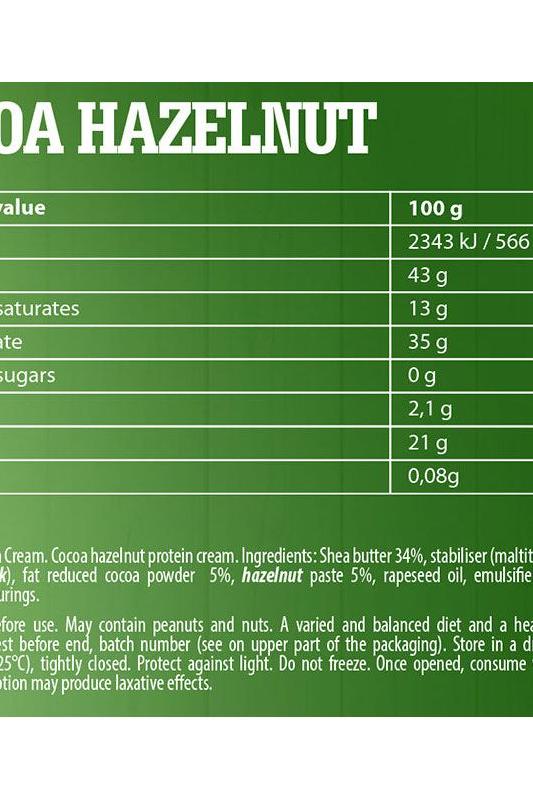 Nutritional information for FA Fitness Authority WOW! Protein Cream Cocoa Hazelnut flavor, showing ingredients and protein content.