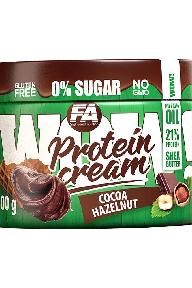 FA Fitness Authority WOW! Protein Cream Cocoa Hazelnut, 21g protein, zero sugar, gluten-free, healthy spread alternative.