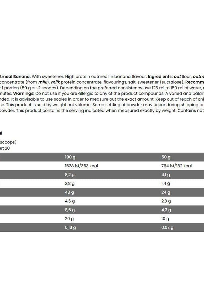 Nutritional information for FA - Fitness Authority WOW! Protein Oatmeal in banana flavor, detailing ingredients and serving size.