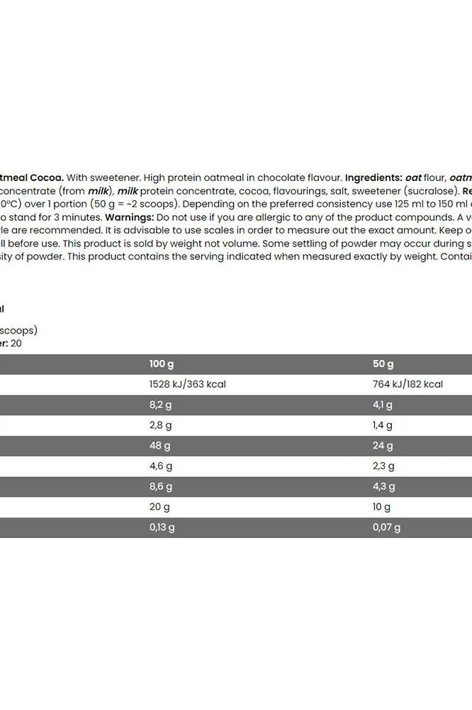 Nutritional information for FA Fitness Authority WOW! Protein Oatmeal in chocolate flavor, including ingredients and serving size.