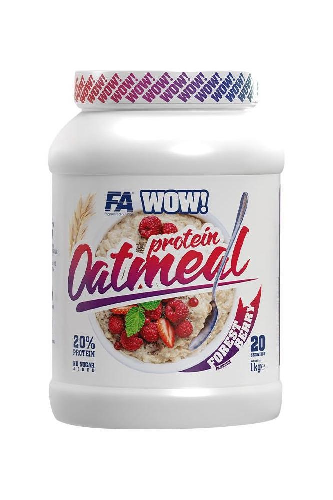 FA WOW! Protein Oatmeal container featuring berry flavor, high protein, easy preparation with just hot water.