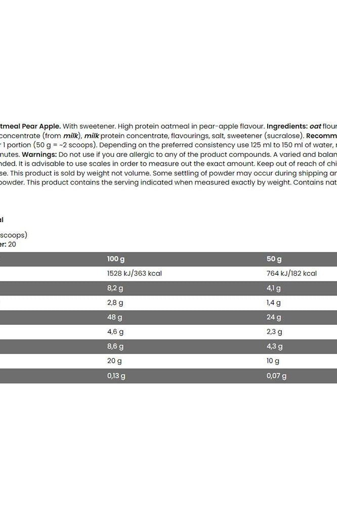 Nutritional information for FA Fitness Authority WOW! Protein Oatmeal in pear-apple flavor, highlighting protein content and serving size.