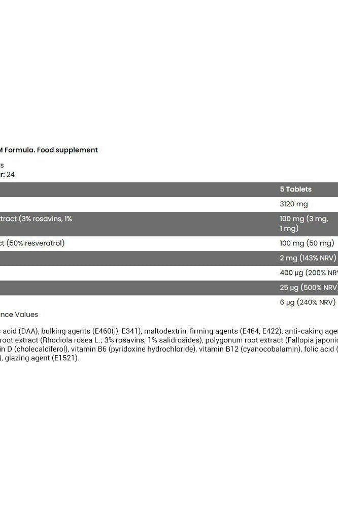 Nutritional information for FA XTREME NAPALM ALPHA TEST dietary supplement tablets, listing active ingredients and values.