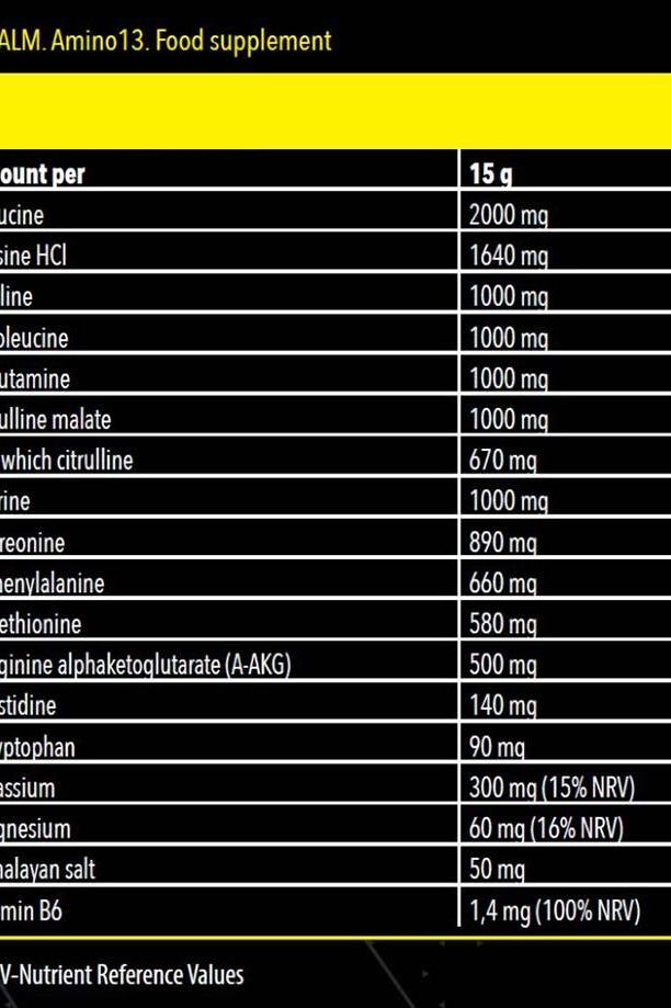 Nutritional information of FA Xtreme Napalm Amino13, highlighting amino acids and minerals per serving.