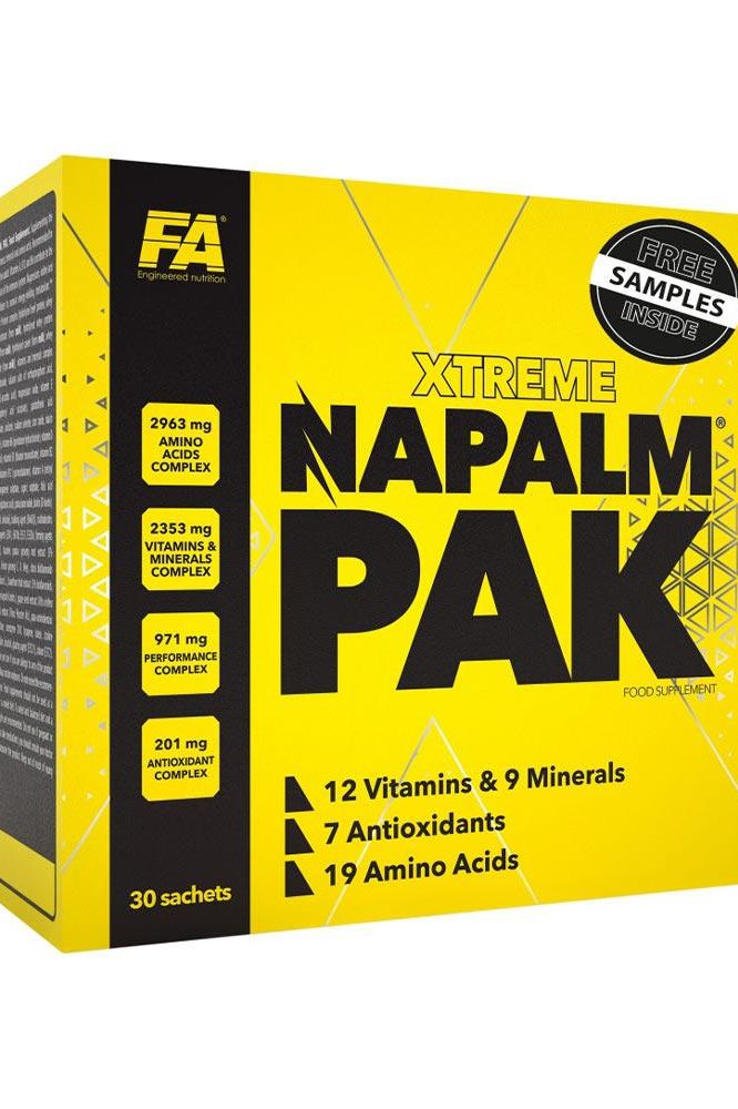 FA Xtreme Napalm PAK box with 30 sachets, featuring 12 vitamins, 9 minerals, and 7 antioxidants for optimal health.
