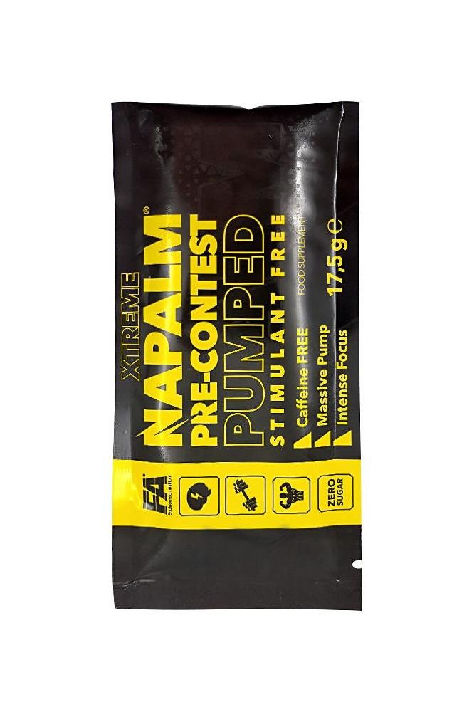 FA Xtreme Napalm Pre-Contest Pumped stimulant-free sample sachet, 175g for energy, focus, and workout endurance.