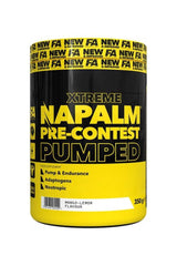 FA Xtreme Napalm Pre-contest Pumped supplement jar in mango-lemon flavor for muscle pump and focus.