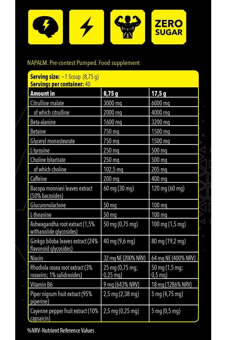 NapalM Pre-contest Pumped supplement facts panel with ingredient breakdown and nutrition information.