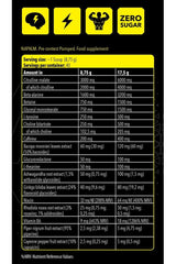 NapalM Pre-contest Pumped supplement facts panel with ingredient breakdown and nutrition information.