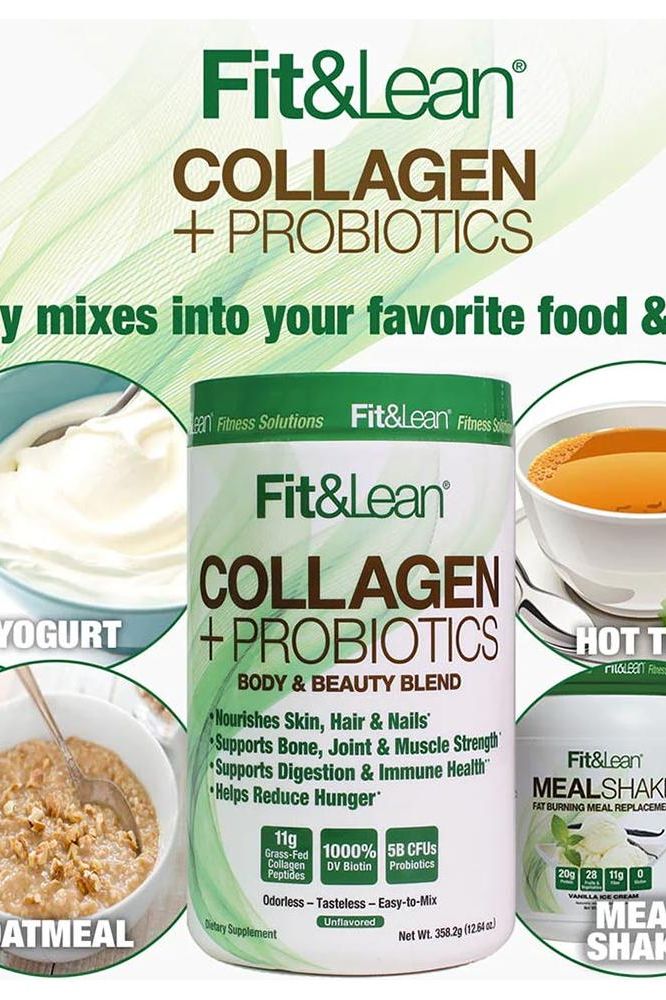 Fit & Lean Collagen Probiotics container with yogurt, oatmeal, and hot drink, promoting skin, hair, and digestive health.