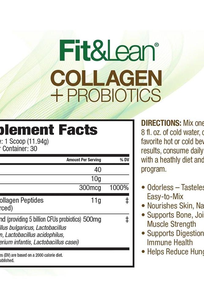 Fit & Lean Collagen Probiotics Supplement Facts label, detailing ingredients and nutritional benefits.