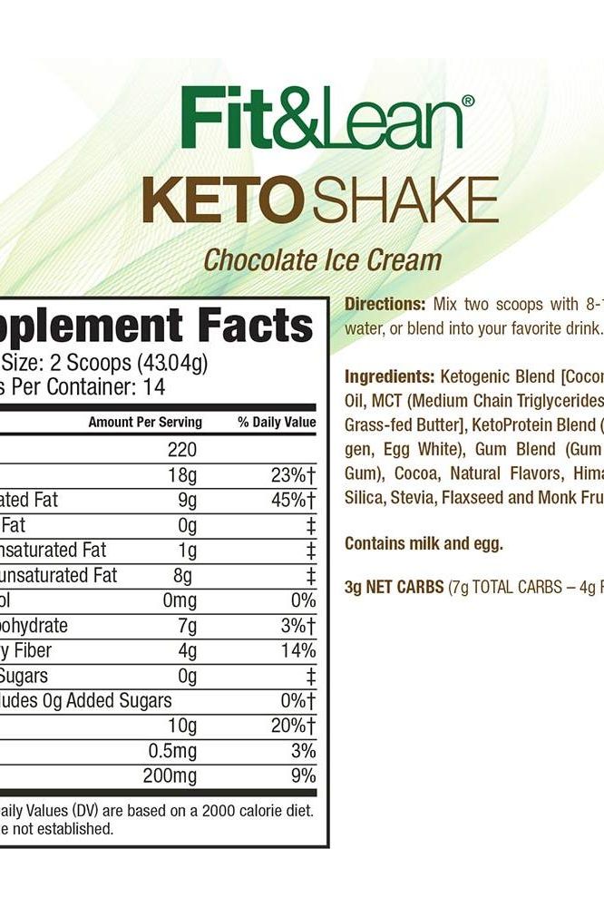 Fit & Lean Keto Shake supplement facts label with nutritional information and ingredients for chocolate ice cream flavor.