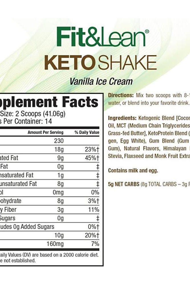 Fit & Lean Keto Shake Vanilla Ice Cream nutrition label with supplement facts and ingredients list.