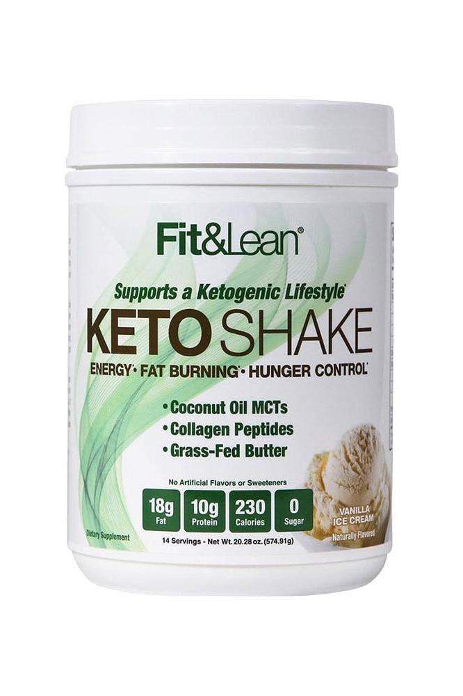 Fit & Lean Keto Shake container with benefits for energy, fat burning, and hunger control.