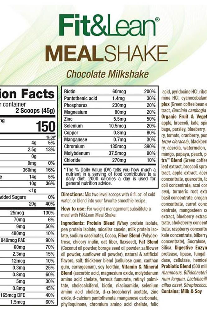 Nutrition label for Fit & Lean Meal Replacement Chocolate Milkshake highlighting calorie and ingredient information.