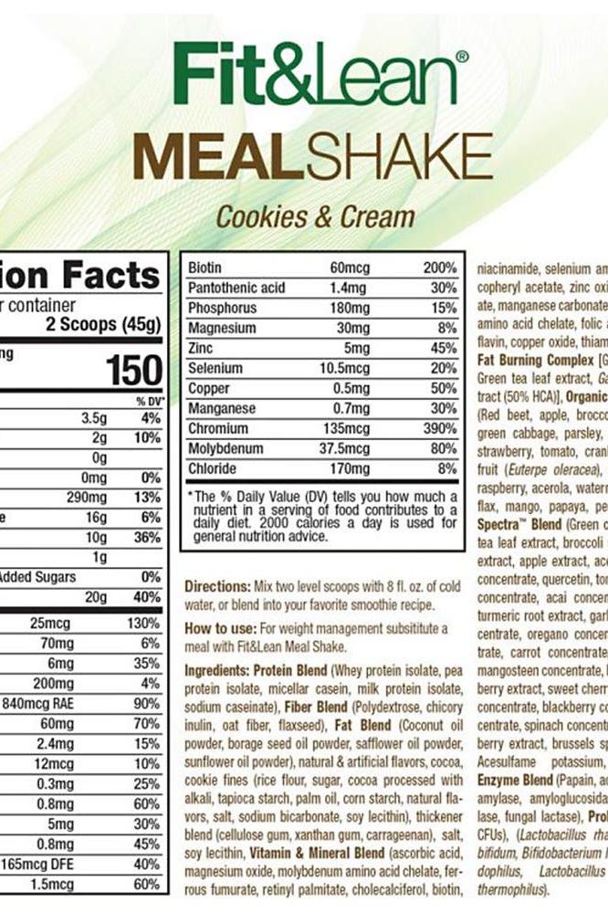 Nutrition facts label for Fit & Lean Meal Replacement Cookies & Cream showing ingredients and health benefits.