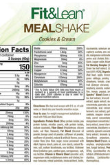 Nutrition facts label for Fit & Lean Meal Replacement Cookies & Cream showing ingredients and health benefits.