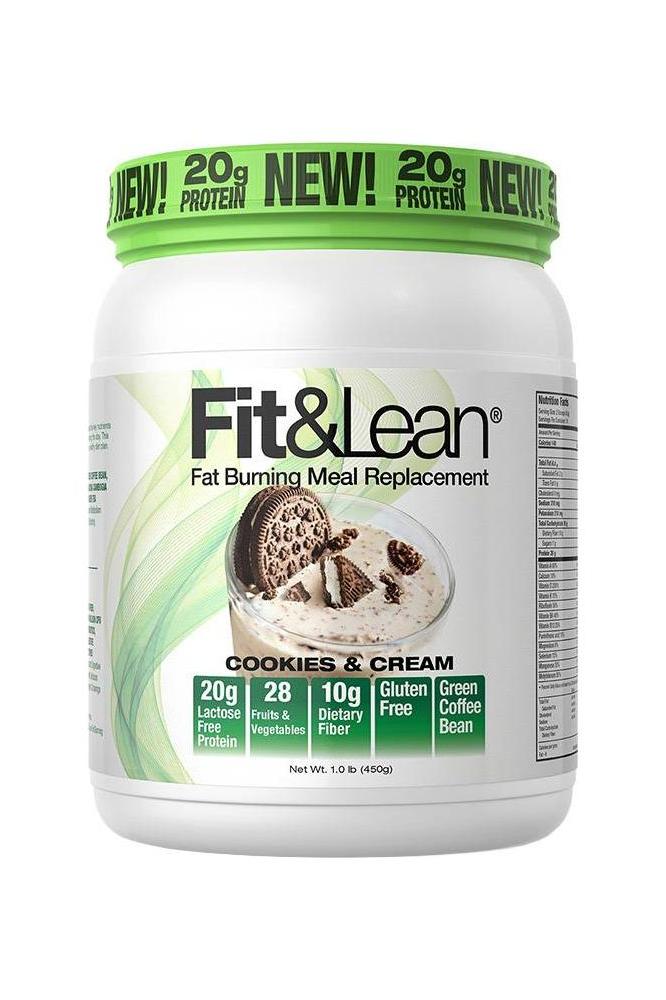 Fit & Lean Cookies & Cream meal replacement, 20g protein, fat burning, dietary fiber, gluten-free product.