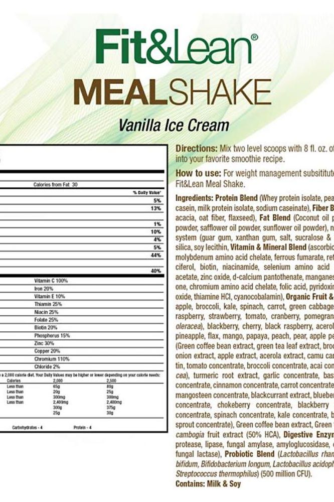 Nutrition label for Fit & Lean Meal Shake in Vanilla Ice Cream flavor, detailing ingredients and usage instructions.