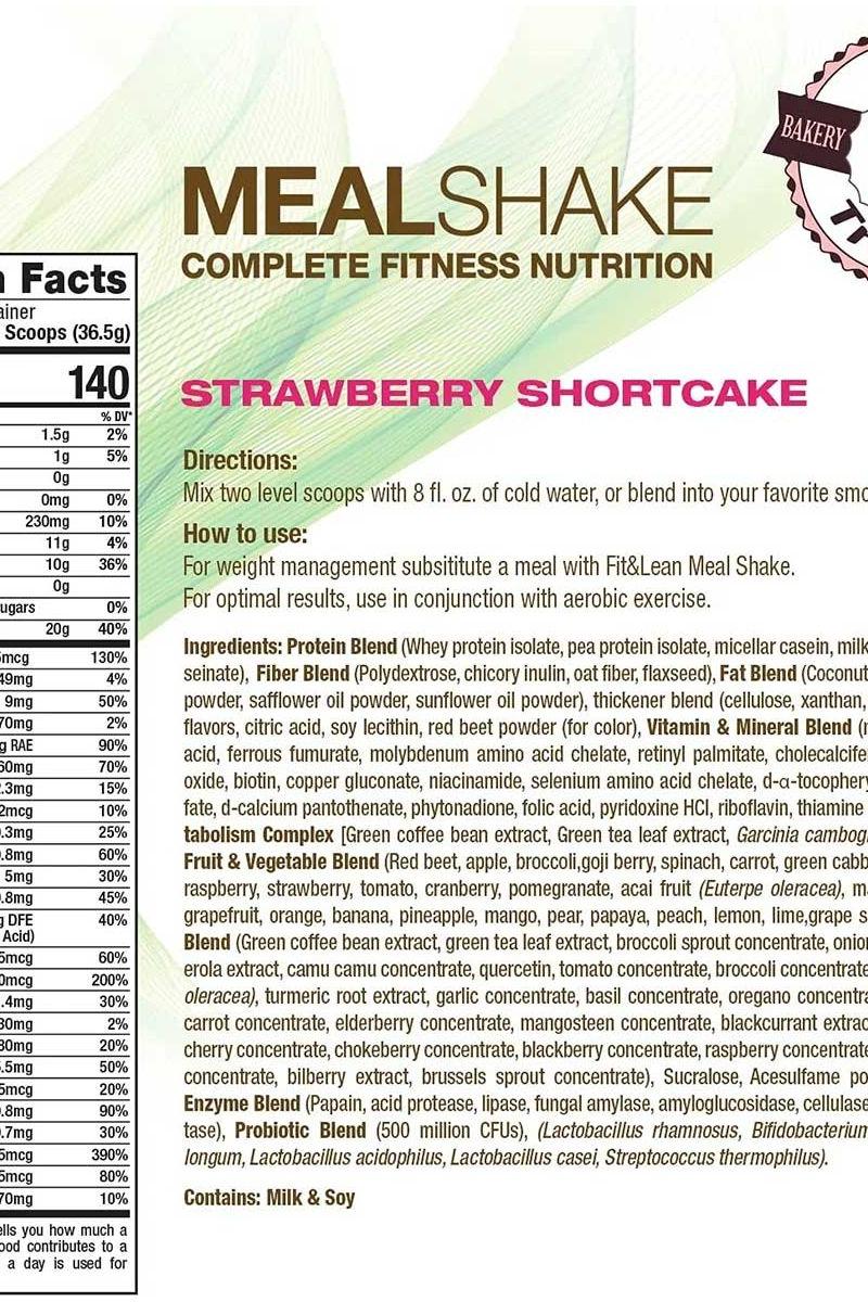 Fit & Lean Meal Shake Strawberry Shortcake nutrition label with ingredients, directions, and nutrition facts.
