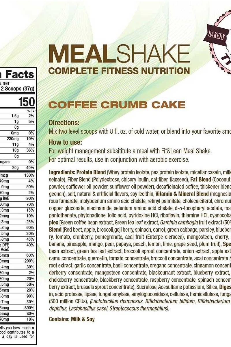 Fit & Lean Meal Shake label showing Coffee Crumb Cake flavor, nutrition facts, and ingredient list.