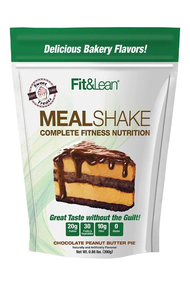 Fit & Lean Meal Shake packaging with chocolate peanut butter pie flavor, promoting fitness and nutrition.