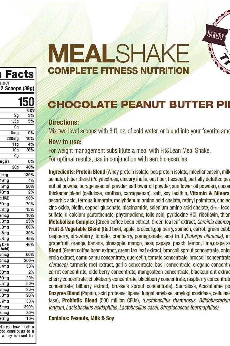 Fit & Lean Meal Shake Chocolate Peanut Butter Pie nutrition label, 150 calories, 20g protein, dietary info.