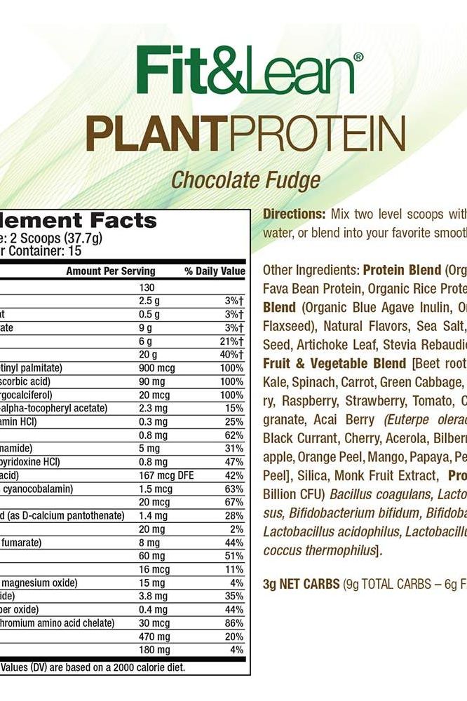 Nutrition facts for Fit & Lean Plant Protein Chocolate Fudge flavor, highlighting ingredients and health benefits.