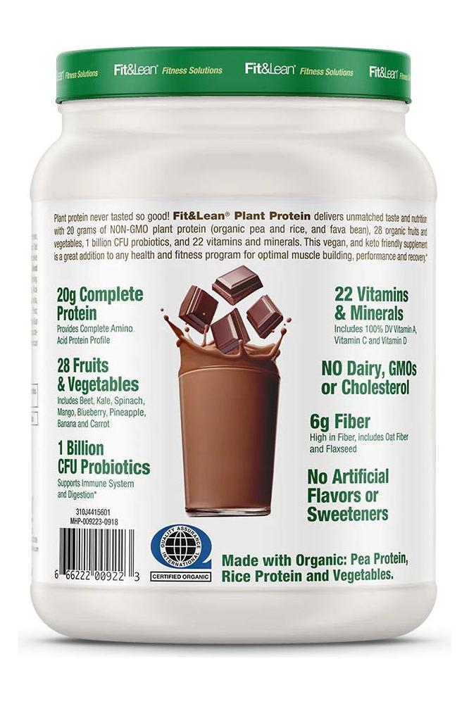Fit & Lean Plant Protein container showcasing ingredients, benefits, and nutritional values on back label.