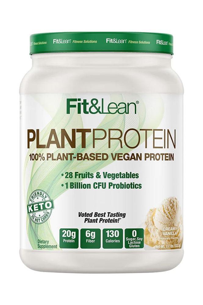 Fit & Lean Plant Protein container, 100% vegan, 20g protein, 28 fruits & veggies, lactose-free, award-winning taste.