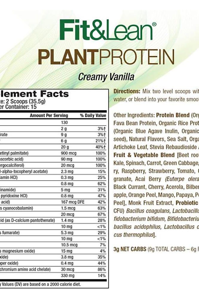 Fit & Lean Plant Protein Creamy Vanilla nutrition facts and ingredients list for plant-based protein supplement.